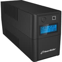 Black PowerWalker UPS with digital display, vented sides, and PowerWalker logo on front.