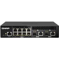 Black QNAP QSW-M2108R-2C network switch with 10 ports, LED indicators, and ventilation on the right side.
