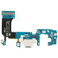 Samsung Charge Port Flex Cable, blue circuit board with white connectors and black ribbon cable labeled E4.