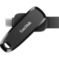Black SanDisk USB Type-C flash drive, 128 GB, with swivel design and visible logo on sleek casing.