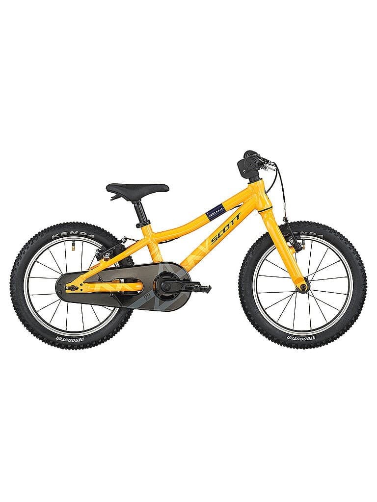 Bright yellow SCOTT Kinder Fahrrad Contrail 160 with a lightweight frame, thick black tires, and a single-speed drivetrain, designed for children’s cycling.