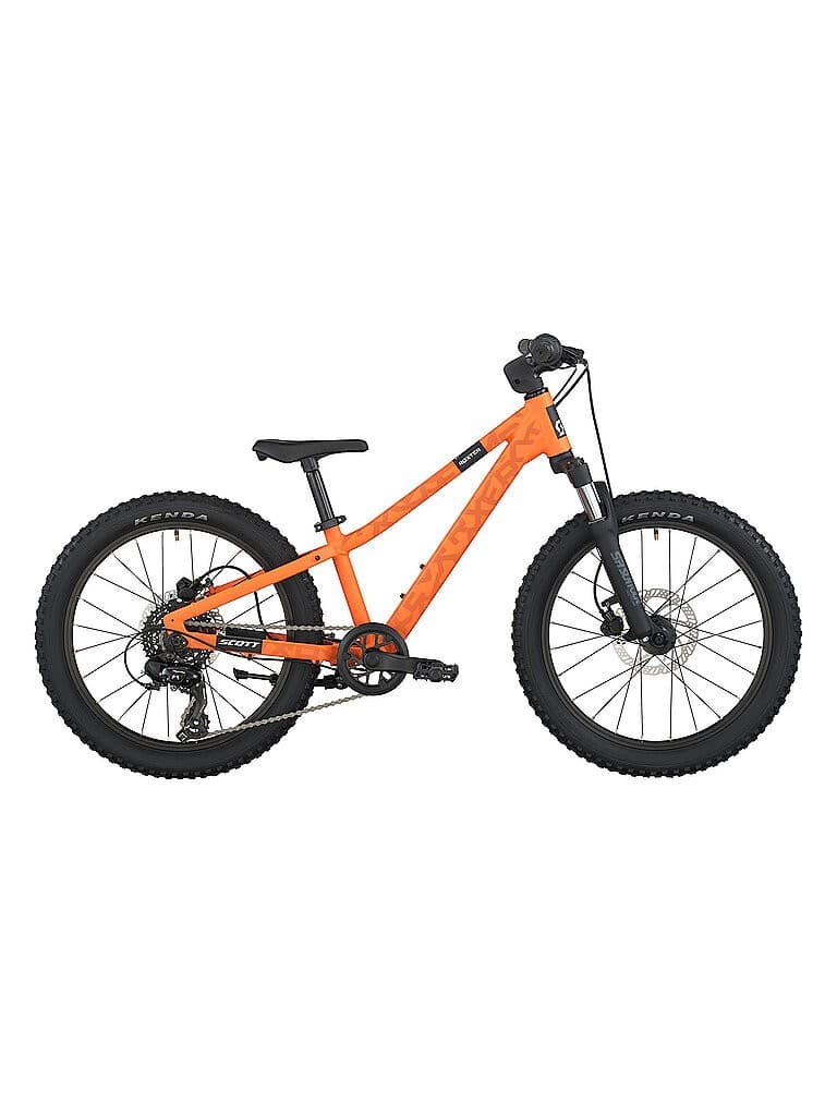 Bright orange SCOTT Roxter 200 youth bike featuring a lightweight frame, wide tires, disc brakes, and a single gear setup for easy handling on various terrains.