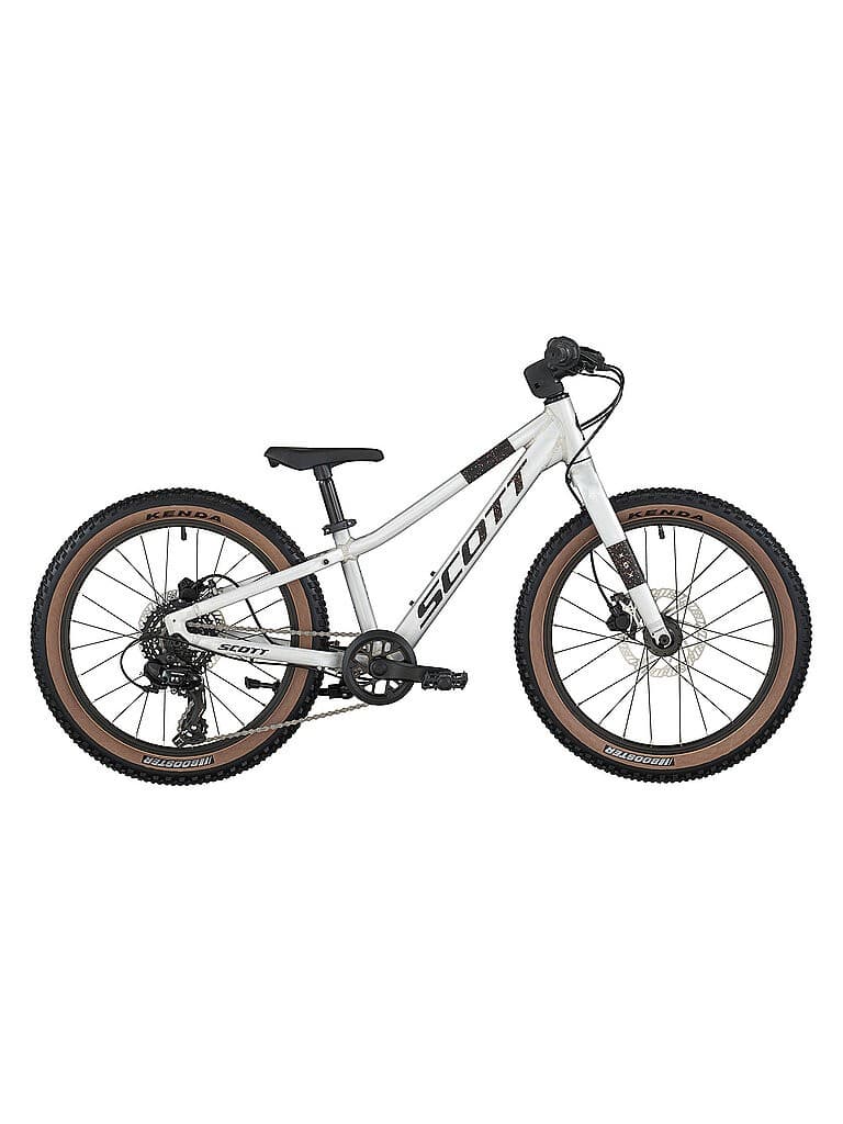 SCOTT Scale 200 youth bike in silver with a lightweight frame, brown tires, and a sleek design, featuring a single gear shifter and front suspension for enhanced performance.