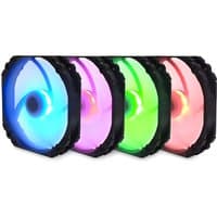 Scythe Kaze Flex 140 RGB PWM fan, black frame, glowing blades in blue, purple, green, and red.