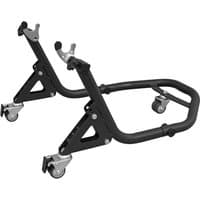 Black Sealey 360 Degree Floating Universal Rear Paddock Stand with swivel casters and adjustable supports.