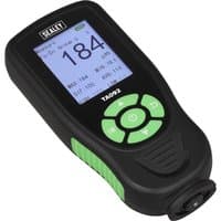 Black Sealey TA092 paint thickness gauge with green buttons and digital display showing measurement.