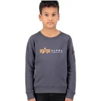 Gray Alpha Industries child sweatshirt with logo on chest and sleeve pocket.