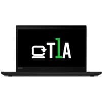 Black Lenovo ThinkPad T14s Gen 1 laptop, refurbished, with Intel Core i5, featuring a sleek design and T1A logo on screen.