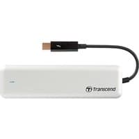 White Transcend JetDrive 855 480GB external SSD with black USB-C connector cable.