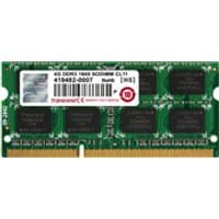 Green Transcend JetRam 4GB DDR3 1600 MHz memory module with black chips and gold contact edge.