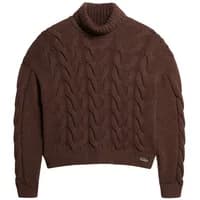Brown twisted knit polo top with chain detail, long sleeves, and ribbed cuffs by Superdry.