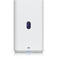 White Ubiquiti UNAS 2 NAS with vertical design, small display screen, and smooth edges.