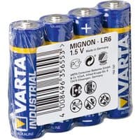 Blue Varta LR6 AA alkaline batteries, four-pack, with industrial label and barcode, wrapped in clear plastic.
