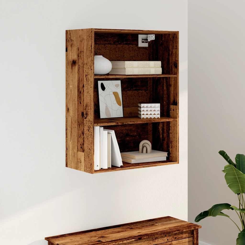 Hanging wall cabinet in a rustic old wood finish, featuring two open shelves and a back panel, ideal for displaying decor and books, mounted against a light wall.