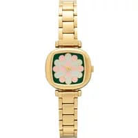 Gold Komono Monneypenny Aurora watch with floral design on square face and linked bracelet.