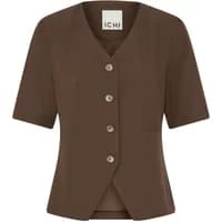 Brown Ichi Fava women's blouse with V-neck, short sleeves, and five front buttons.