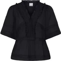 Black Ichi Ihvoilana women's blouse with ruffled V-neck, short sleeves, and delicate lace trim detailing.