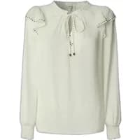 White women's blouse with ruffled shoulders, tie-neck detail, and long sleeves by Pepe Jeans.