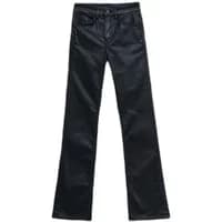 Black bootcut jeans with a shiny coating, featuring a classic five-pocket design and button closure.