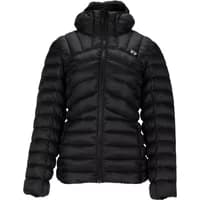 Black women's down jacket Rehall Vera-R with quilted design, hood, and front zipper.