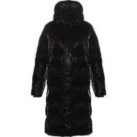 Black Rehall Axel-R women's long jacket with quilted design, high collar, and hood.