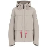 Beige women's parka by Guess with hood, front zipper, and red drawstrings.