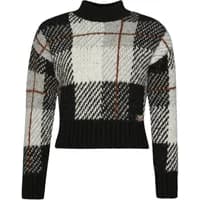 Women's straight sweater by Superdry, black and white plaid pattern with ribbed cuffs and hem, high neck design.