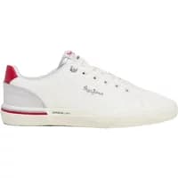 White women's trainers by Pepe Jeans, red heel accents, grey detailing, and logo on side.