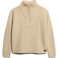 Beige Superdry women's trucker pullover with ribbed texture, half-zip front, and high collar.