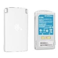 White Zebra handheld computer battery with blue label and connector pins, rectangular shape with rounded edges.