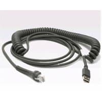 Coiled black USB to RJ45 cable for Zebra barcode reader, featuring reinforced connectors and flexible design.