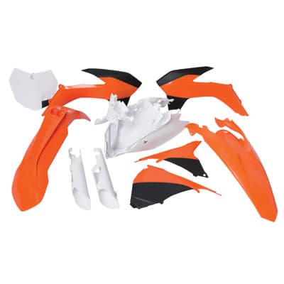 Acerbis Full Plastics Kit for KTM SX 125/150/250 and SXF250/450/505, featuring vibrant orange and white plastic components with sleek, aerodynamic designs.