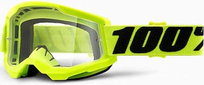 Neon orange 100% Strata 2 goggles featuring a clear lens, a sturdy frame, and a wide adjustable strap with bold black "100%" branding.
