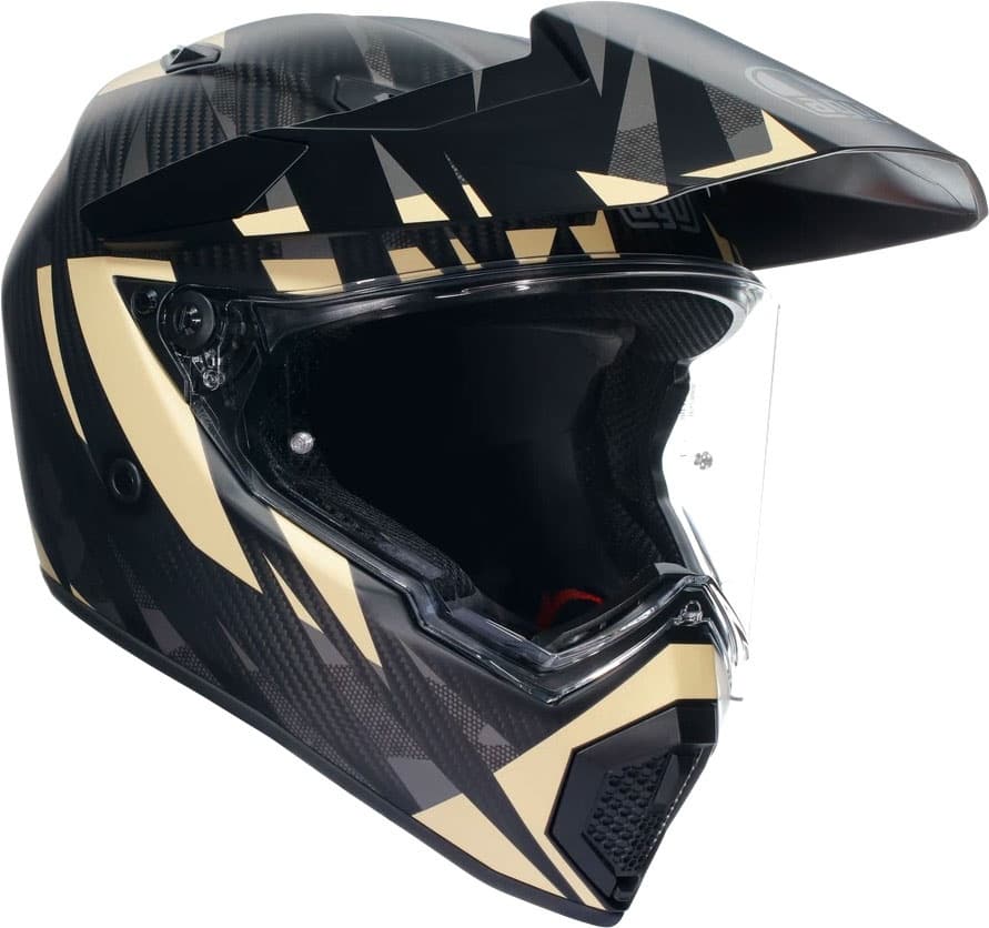 AGV AX-9 Steppa 06 helmet in black and beige with a sleek design, featuring a clear visor, aerodynamic shape, and textured finish, sized S for men.