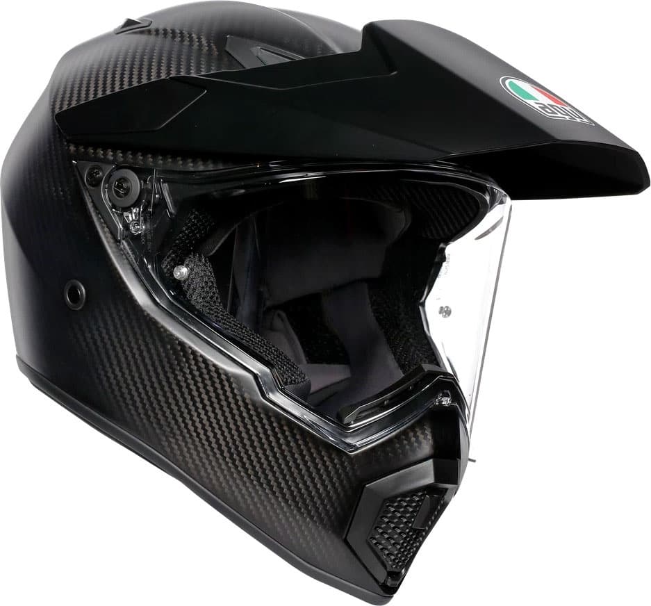 AGV AX-9 Mono Carbon 06 helmet in size S features a sleek black carbon fiber design, a prominent visor, and a streamlined aerodynamic shape for enhanced performance.