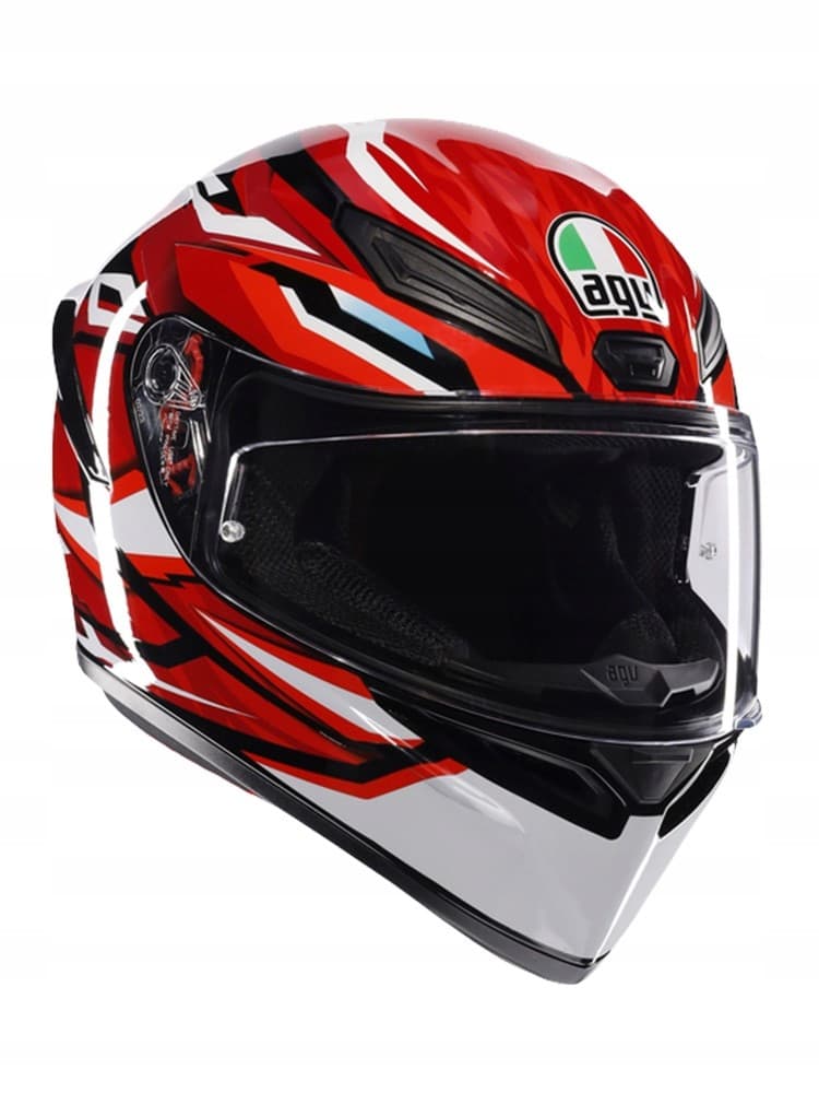 Full face helmet featuring a striking black, red, and white design with a glossy finish, large visor, and ventilation openings, size L by AGV K1 S Lion.