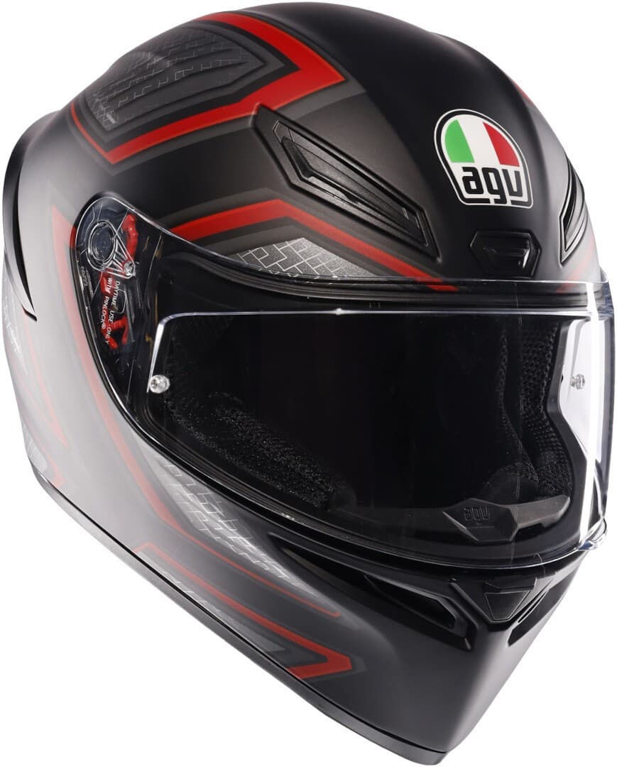 Black and red AGV K1-S Sling full face helmet featuring a sleek aerodynamic design, a clear visor, and the AGV logo prominently displayed on the front.
