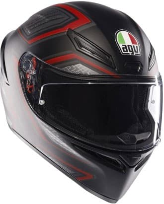 Black and red AGV K1-S Sling full face helmet featuring a sleek aerodynamic design, tinted visor, and distinctive logo on the front.