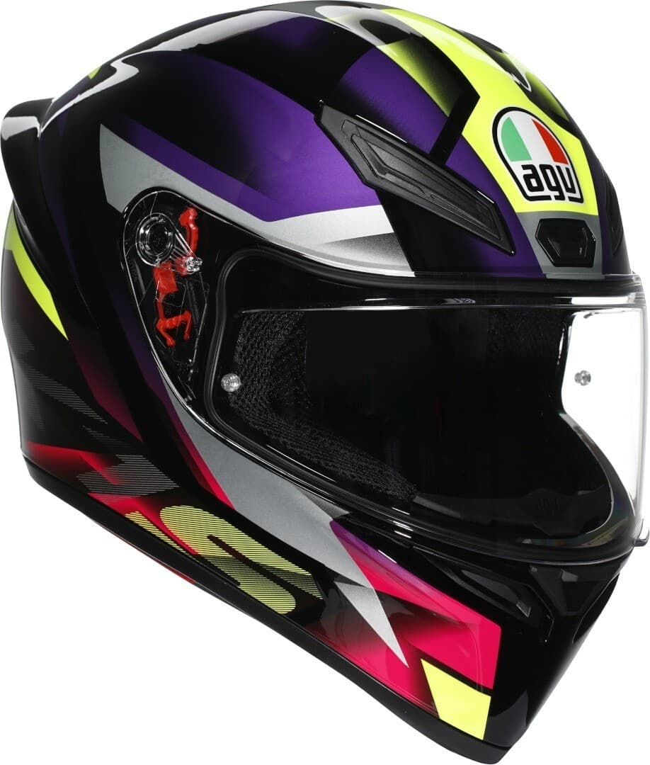 Black and purple AGV K1 S Fastlap helmet in size XL, featuring a sleek aerodynamic design, tinted visor, and vibrant graphic accents in yellow and red.