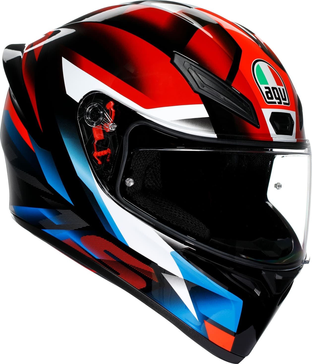 Full face helmet in black, red, blue, and white with a sleek aerodynamic design, featuring a clear visor and AGV logo on the front, size XL.