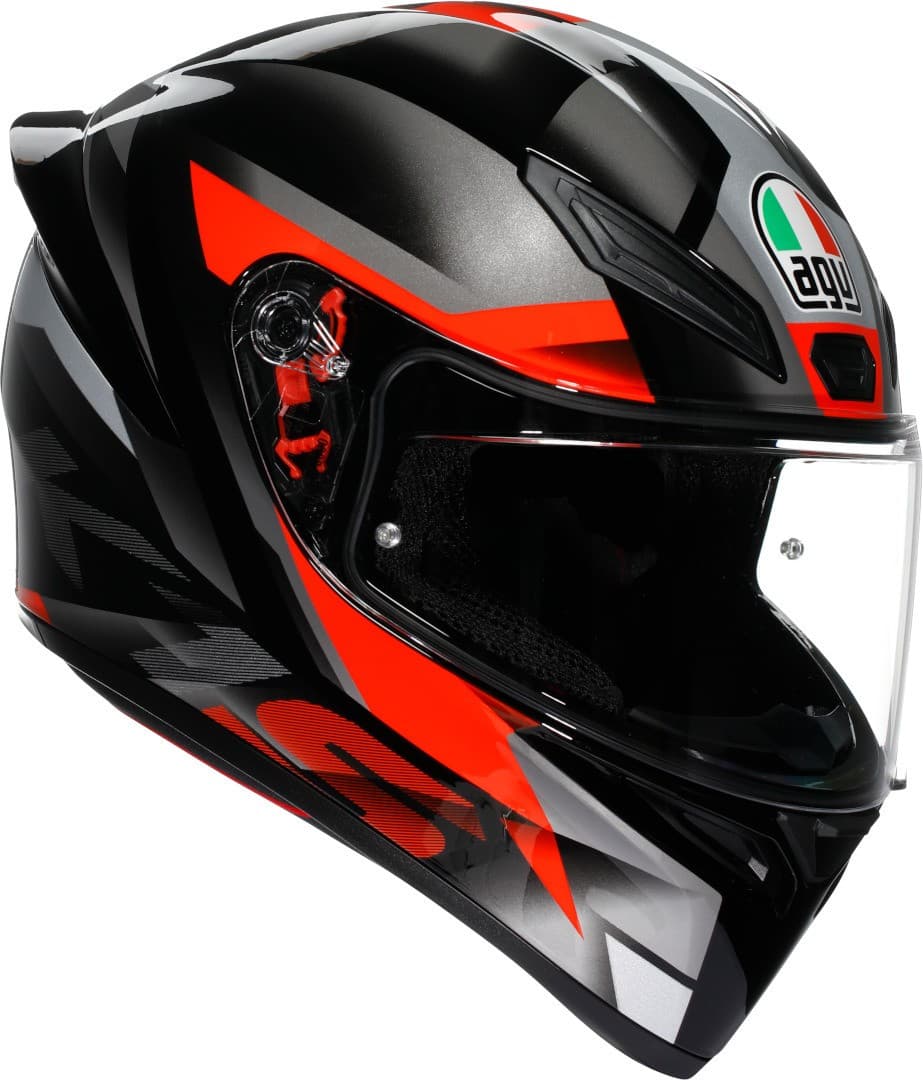 AGV K1 S Fastlap helmet in black, grey, and red, featuring a sleek aerodynamic design, a clear visor, and a logo on the front, sized XS for men.