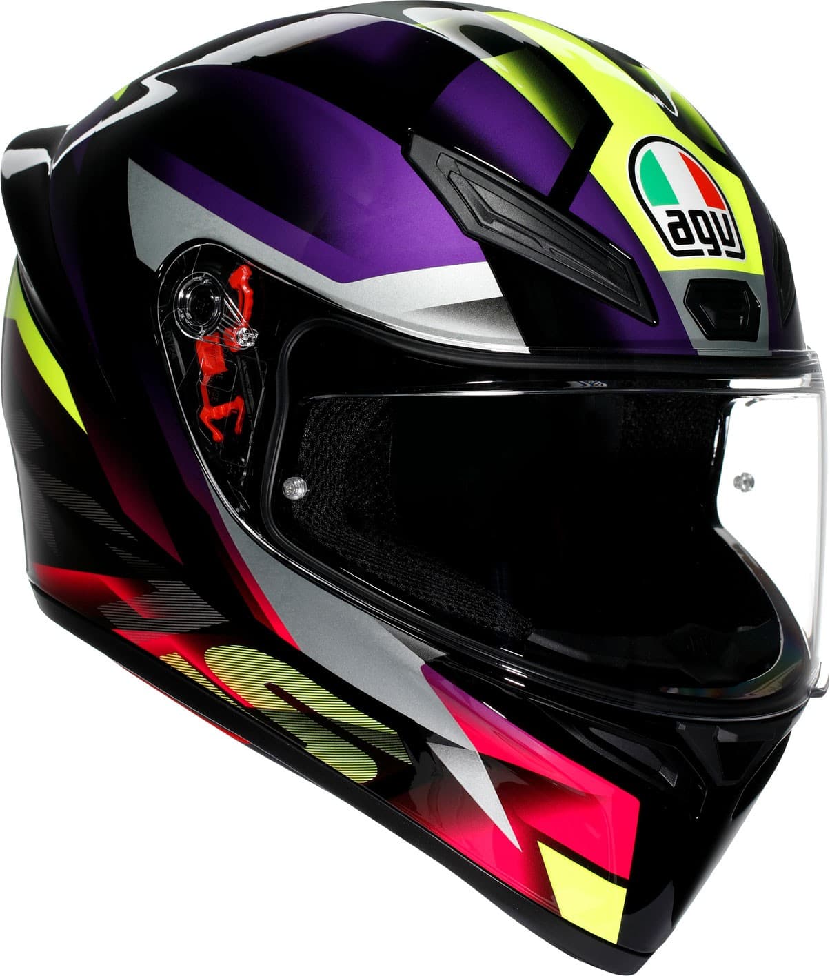 Full face helmet featuring a striking black, purple, pink, and neon-yellow design, with a clear visor and AGV logo, made from durable materials, size XS.