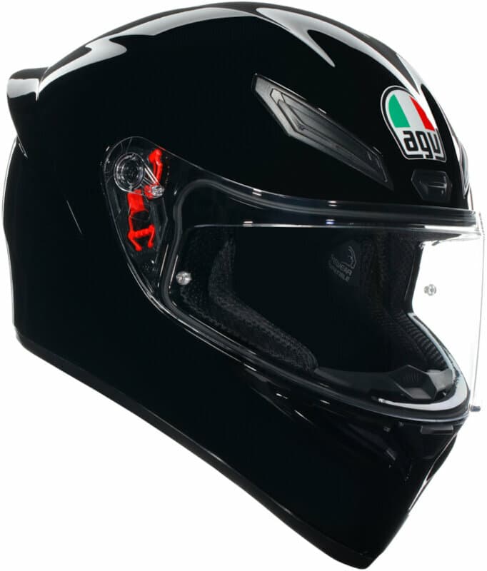 Black AGV K-1 S Mono Helmet in size XS for men, featuring a glossy finish, clear visor, and distinctive AGV logo with Italian flag colors.