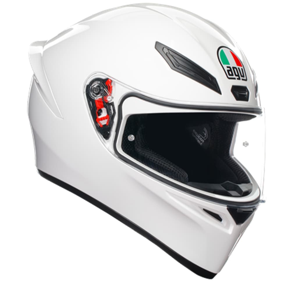 Solid white AGV K1-S full face helmet featuring a sleek aerodynamic design, ventilation ports, and a prominent AGV logo on the front.