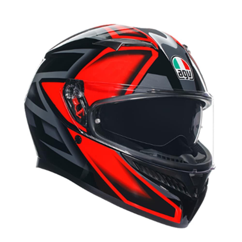 Full face motorcycle helmet in black and red, featuring a sleek aerodynamic design, a clear visor, and AGV branding on the front. Size: S.