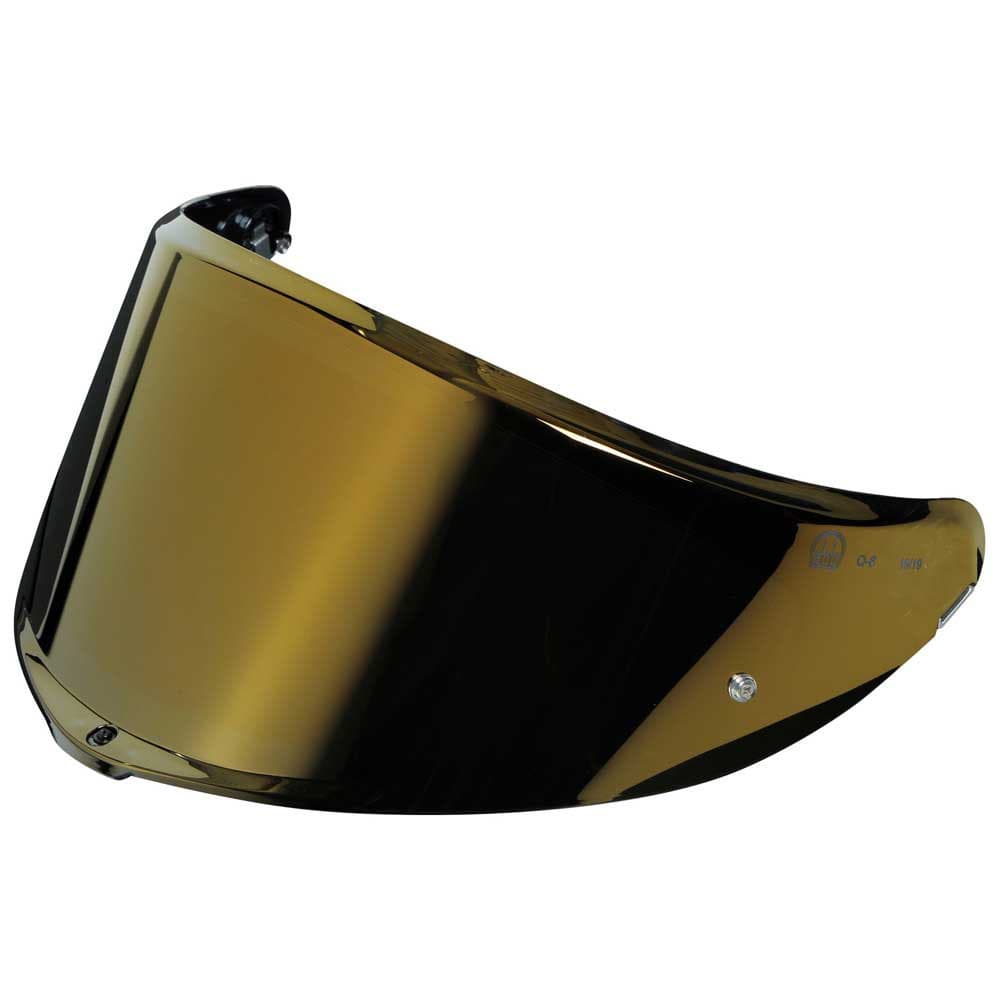 Mirrored gold shield for AGV K6/K6 S helmets, featuring a sleek, curved design with a glossy finish and a small mounting point for secure attachment.