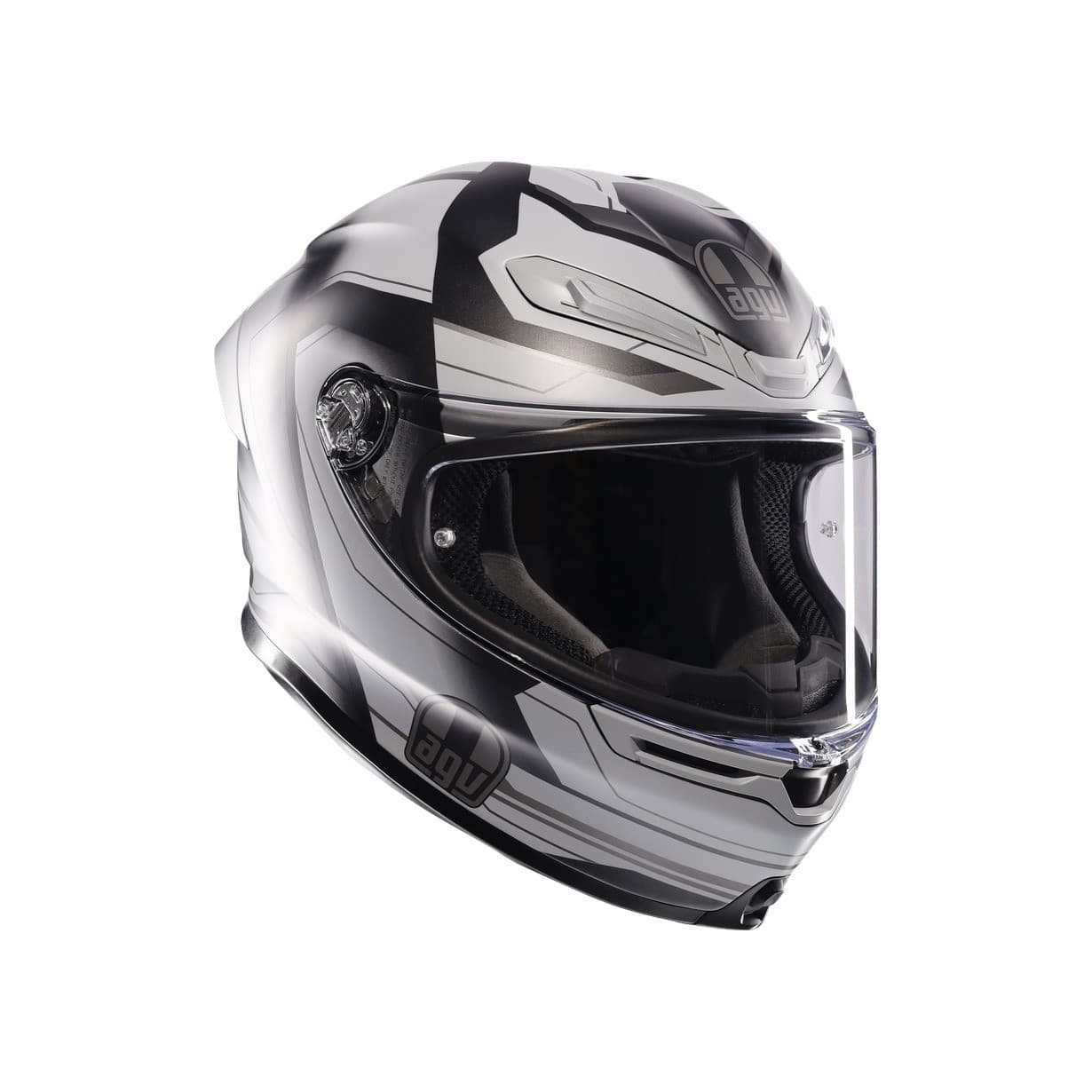Full face motorcycle helmet AGV K6 S features a sleek black and silver design, aerodynamic shape, clear visor, and ventilation openings for enhanced comfort and safety.