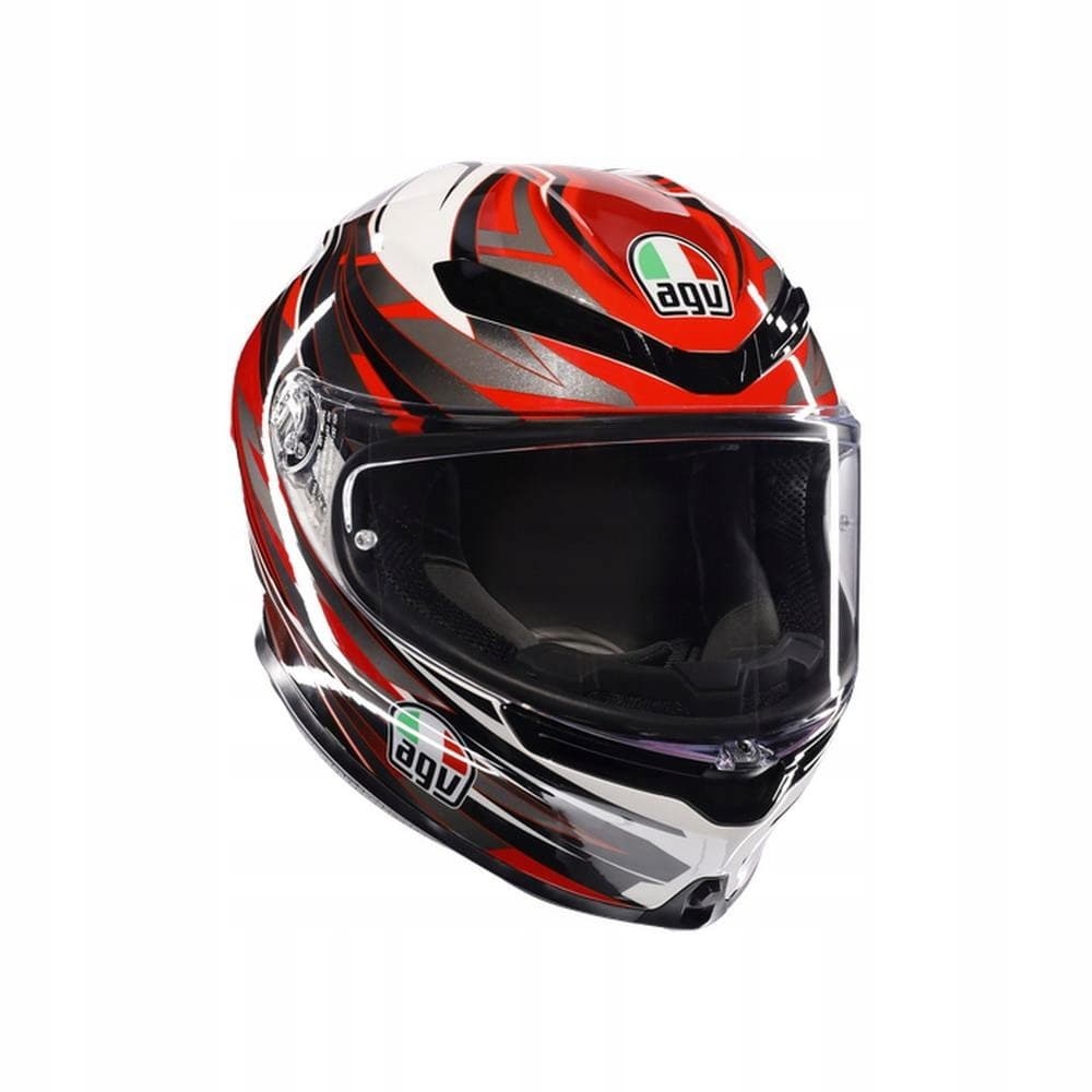 AGV K6-S Reeval full face helmet in white, red, and grey with a glossy finish, featuring a clear visor and distinctive AGV logo on the front and sides.