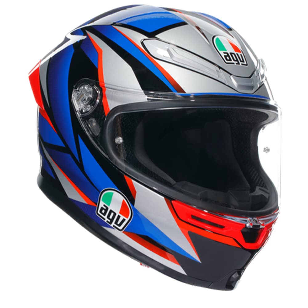 Full face helmet in black, silver, blue, and red with a sleek design, featuring a clear visor and AGV logo, size S.