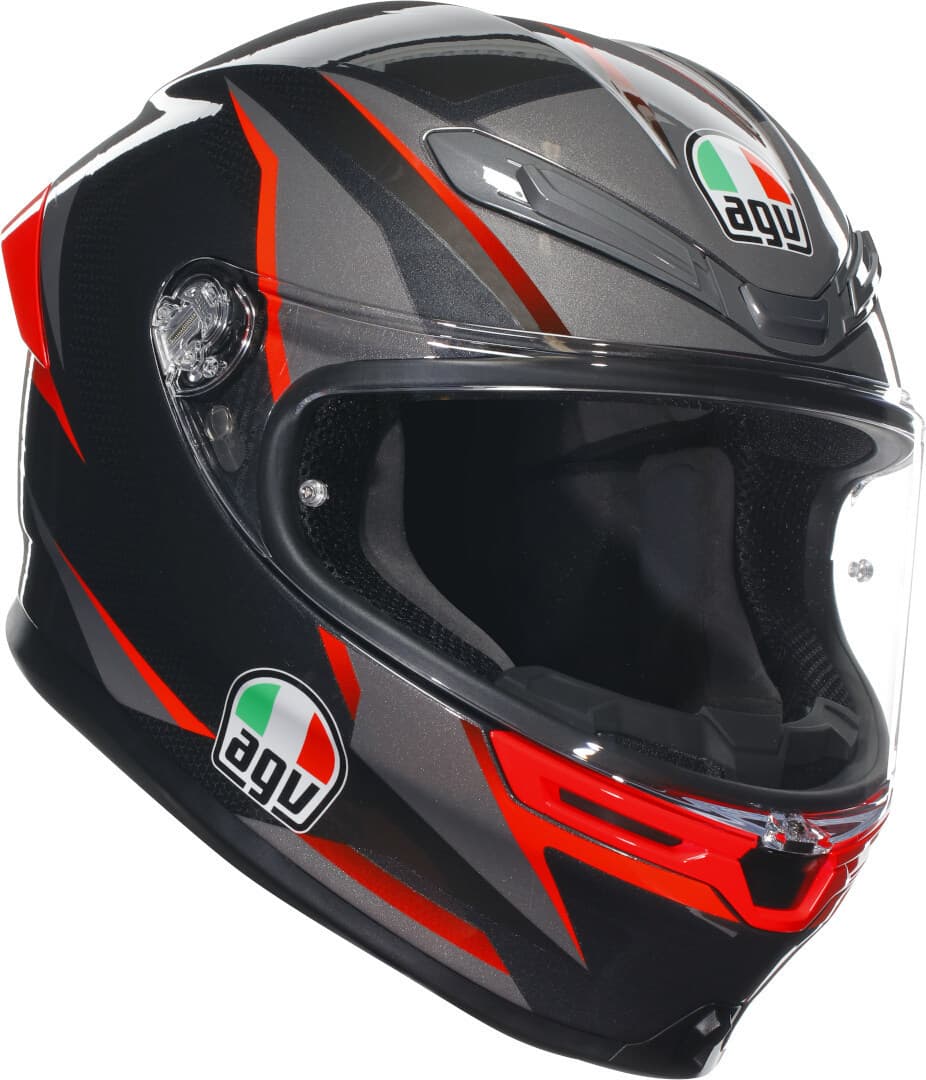 AGV K-6 S Slashcut helmet in black, grey, and red, featuring a sleek aerodynamic design, clear visor, and prominent AGV logo, sized XL for men.